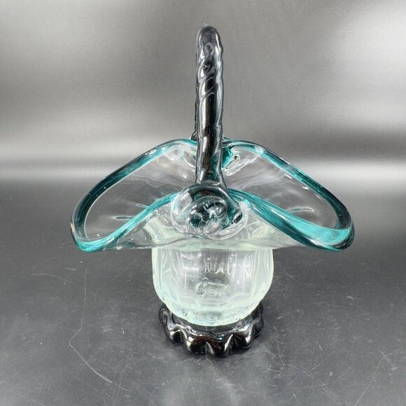 Hand Blown Glass Basket Bowl With Dark Green Edges Handle And Clear Center VTG - Picture 11 of 15